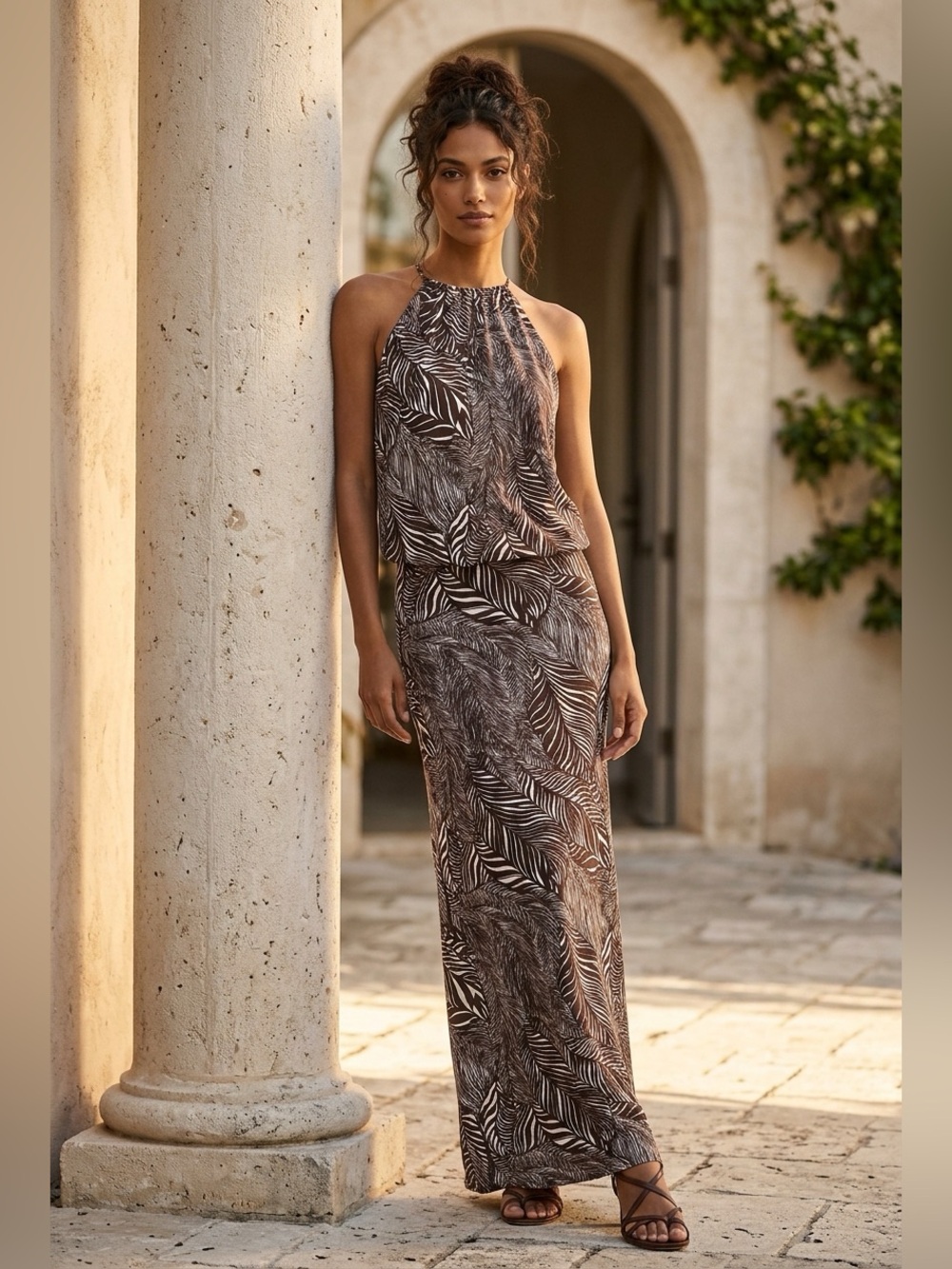 Frou Frou LA Boutique - Coffee & Cream Woodblock Style Print Fab Maxi Dress